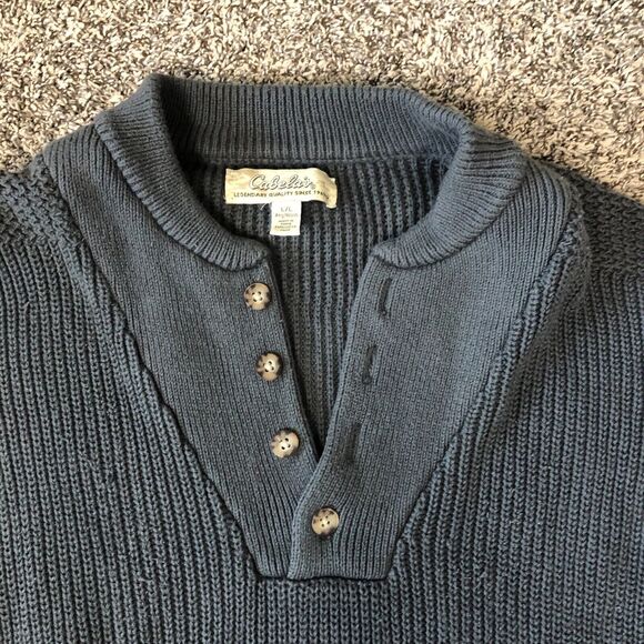 Men’s Cabela’s Cable Knit Pull On Grey Sweater Collar Button Size Large - Picture 2 of 4